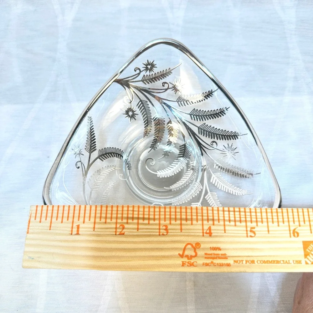 Vintage Triangular Clear Glass Silver Overlay Fern Design Footed‎ Candy Dish